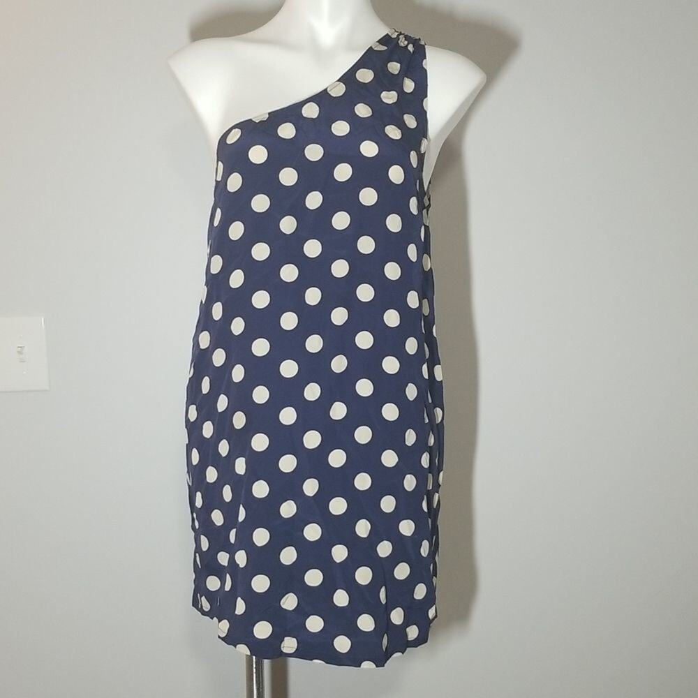 Joie 100% Silk Navy Blue & Tan Polka Dot One-Shoulder Dress Size Small